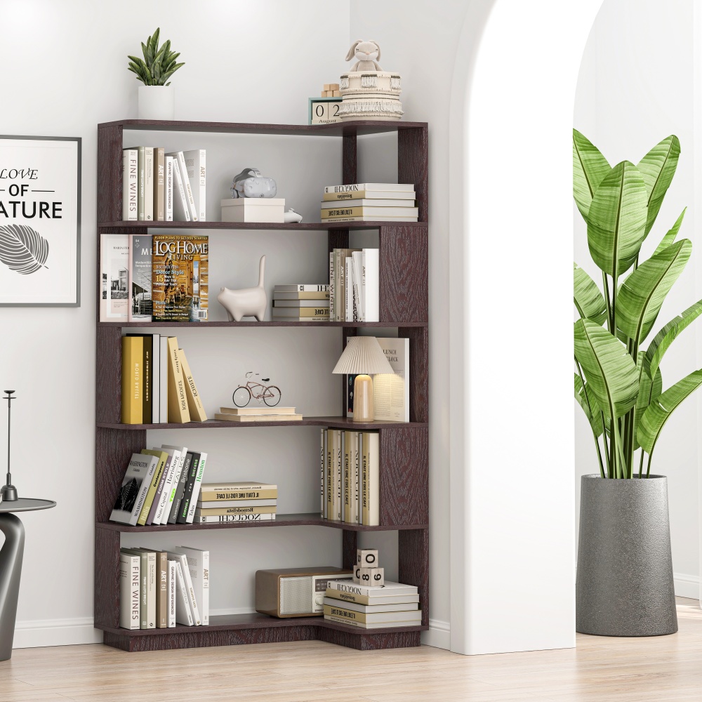 90cm (35.43") extended size Freestanding Corner Bookshelf For Living Room, Bedroom, home office, Wooden Bookcase with anti-drop panel and anti tipping device, Open storage Display cabinet 5 colors