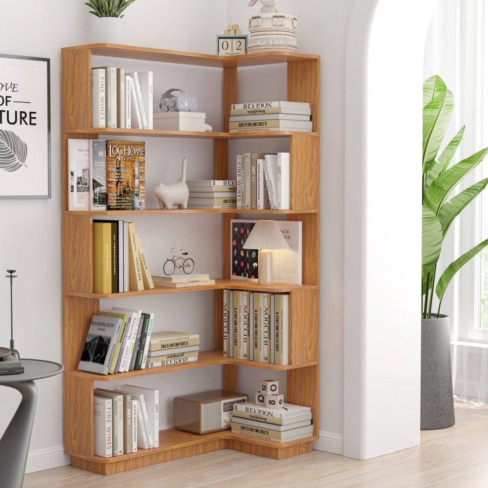 90cm (35.43") extended size Freestanding Corner Bookshelf For Living Room, Bedroom, home office, Wooden Bookcase with anti-drop panel and anti tipping device, Open storage Display cabinet 5 colors