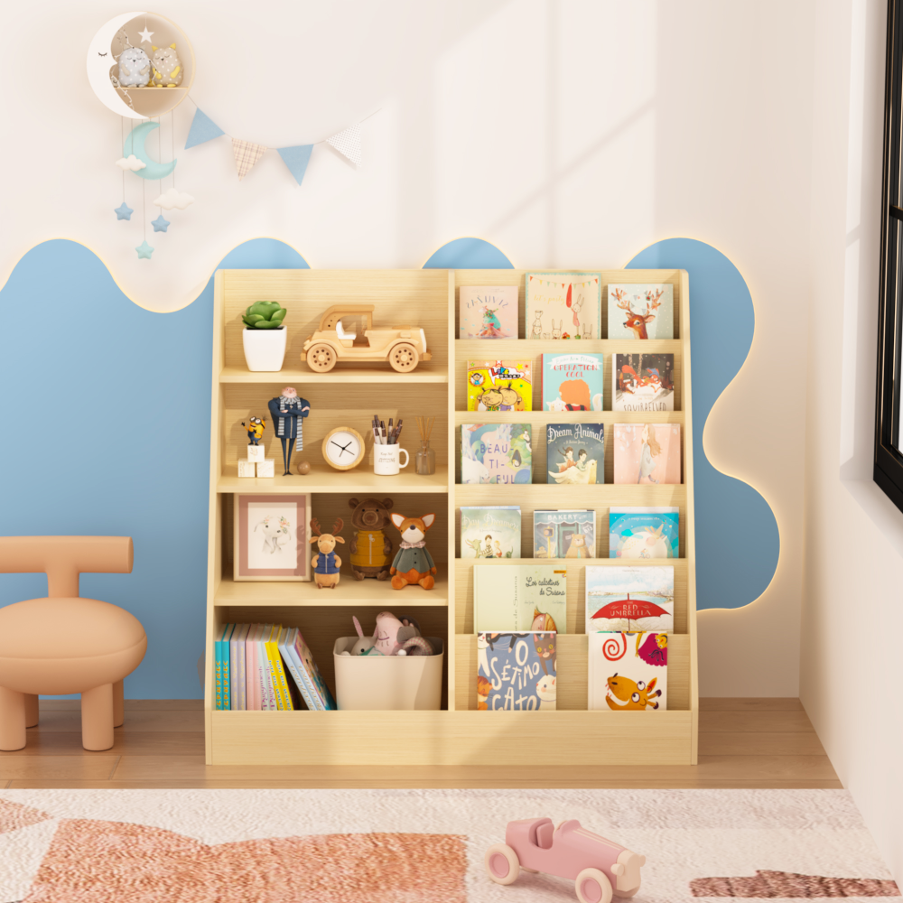 Kids Bookshelf and Toy Storage Organizer, Multifunctional 4 Tier Wooden Kids Book Shelf with Bookcase Display Stand in Kids Room Playroom Nursery for Kids, Children, Toddlers (White)