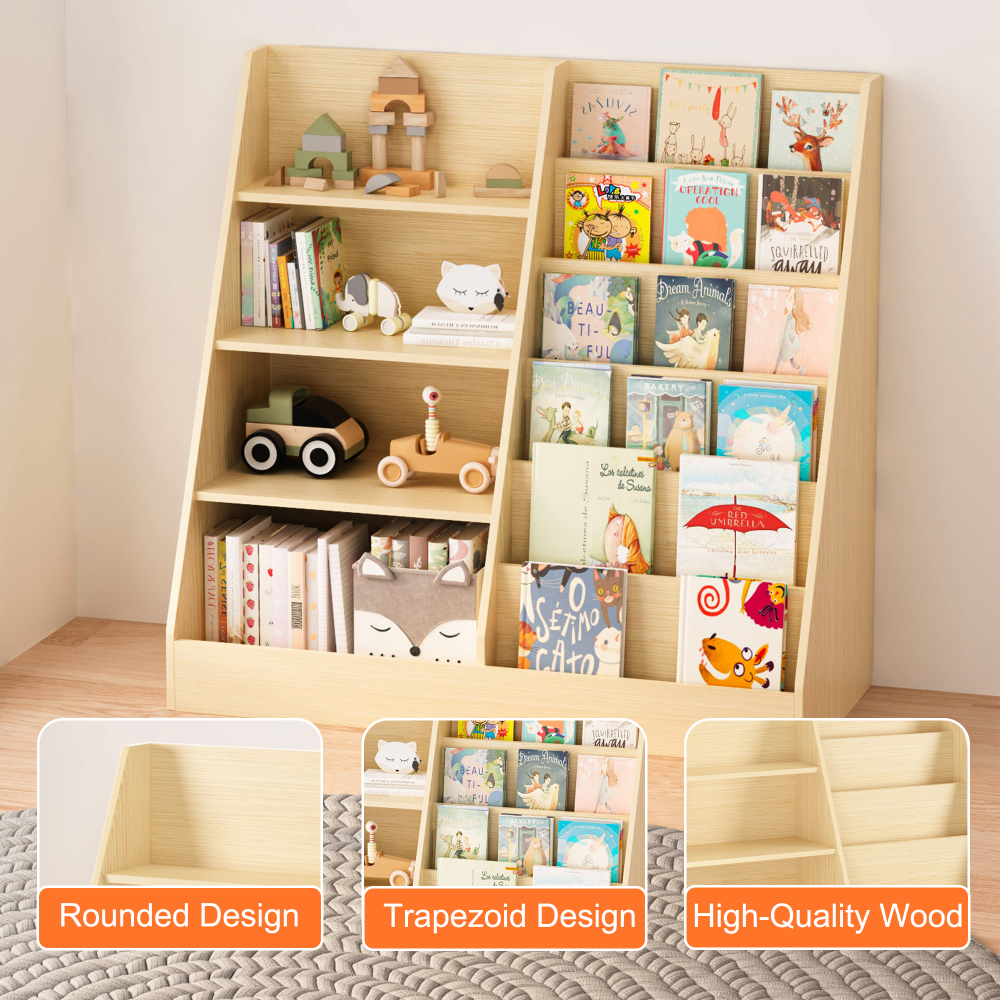 Kids Bookshelf and Toy Storage Organizer, Multifunctional 4 Tier Wooden Kids Book Shelf with Bookcase Display Stand in Kids Room Playroom Nursery for Kids, Children, Toddlers (White)