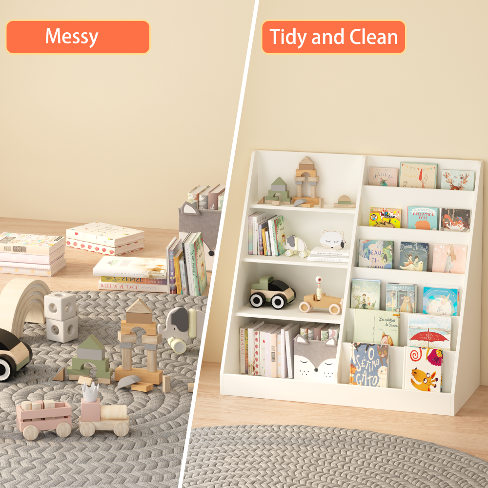 Kids Bookshelf and Toy Storage Organizer, Multifunctional 4 Tier Wooden Kids Book Shelf with Bookcase Display Stand in Kids Room Playroom Nursery for Kids, Children, Toddlers (White)