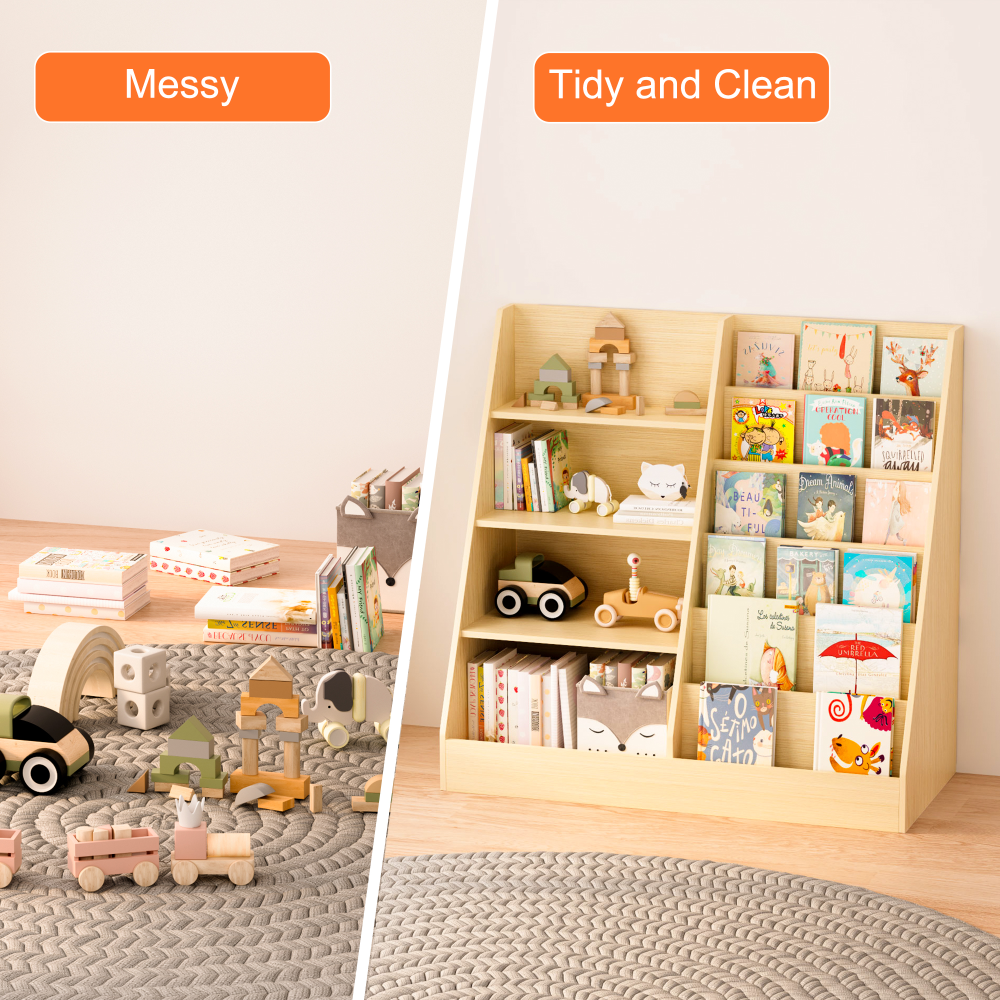 Kids Bookshelf and Toy Storage Organizer, Multifunctional 4 Tier Wooden Kids Book Shelf with Bookcase Display Stand in Kids Room Playroom Nursery for Kids, Children, Toddlers (White)