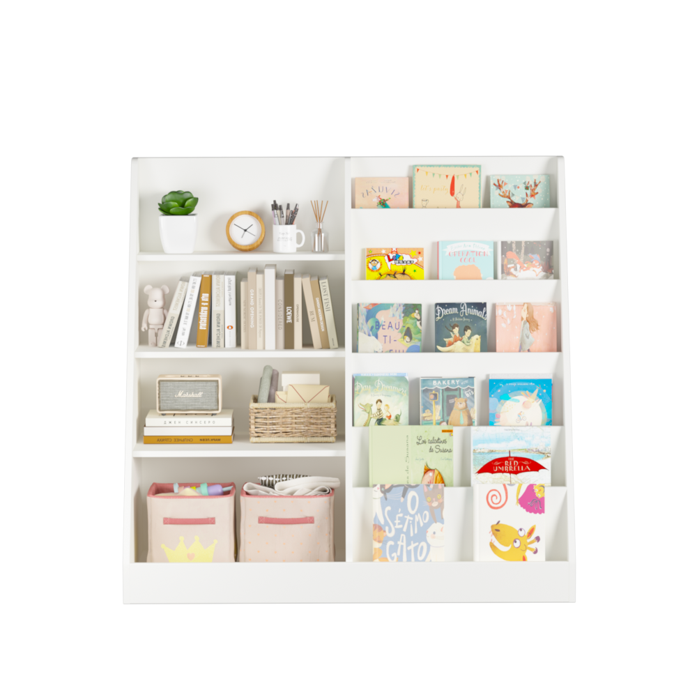 Kids Bookshelf and Toy Storage Organizer, Multifunctional 4 Tier Wooden Kids Book Shelf with Bookcase Display Stand in Kids Room Playroom Nursery for Kids, Children, Toddlers (White)