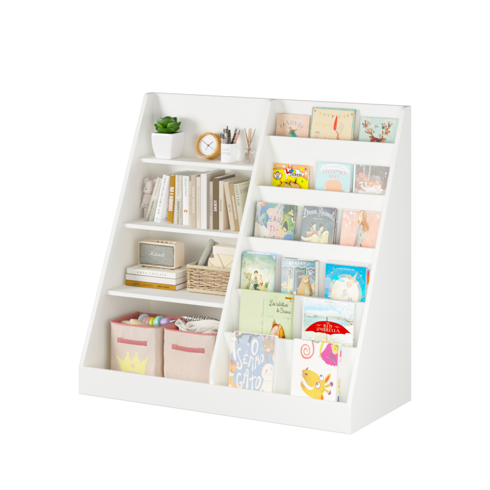 Kids Bookshelf and Toy Storage Organizer, Multifunctional 4 Tier Wooden Kids Book Shelf with Bookcase Display Stand in Kids Room Playroom Nursery for Kids, Children, Toddlers (White)