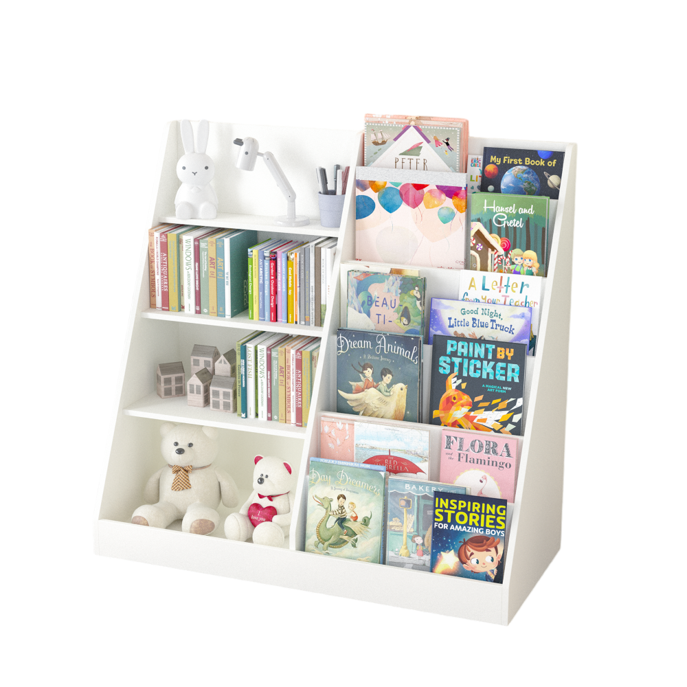 Kids Bookshelf and Toy Storage Organizer, Multifunctional 4 Tier Wooden Kids Book Shelf with Bookcase Display Stand in Kids Room Playroom Nursery for Kids, Children, Toddlers (White)