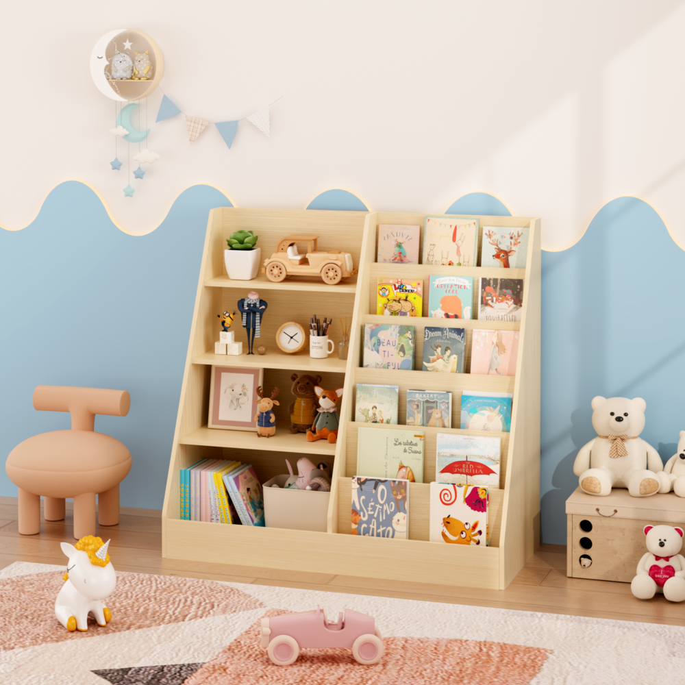 Kids Bookshelf and Toy Storage Organizer, Multifunctional 4 Tier Wooden Kids Book Shelf with Bookcase Display Stand in Kids Room Playroom Nursery for Kids, Children, Toddlers (White)
