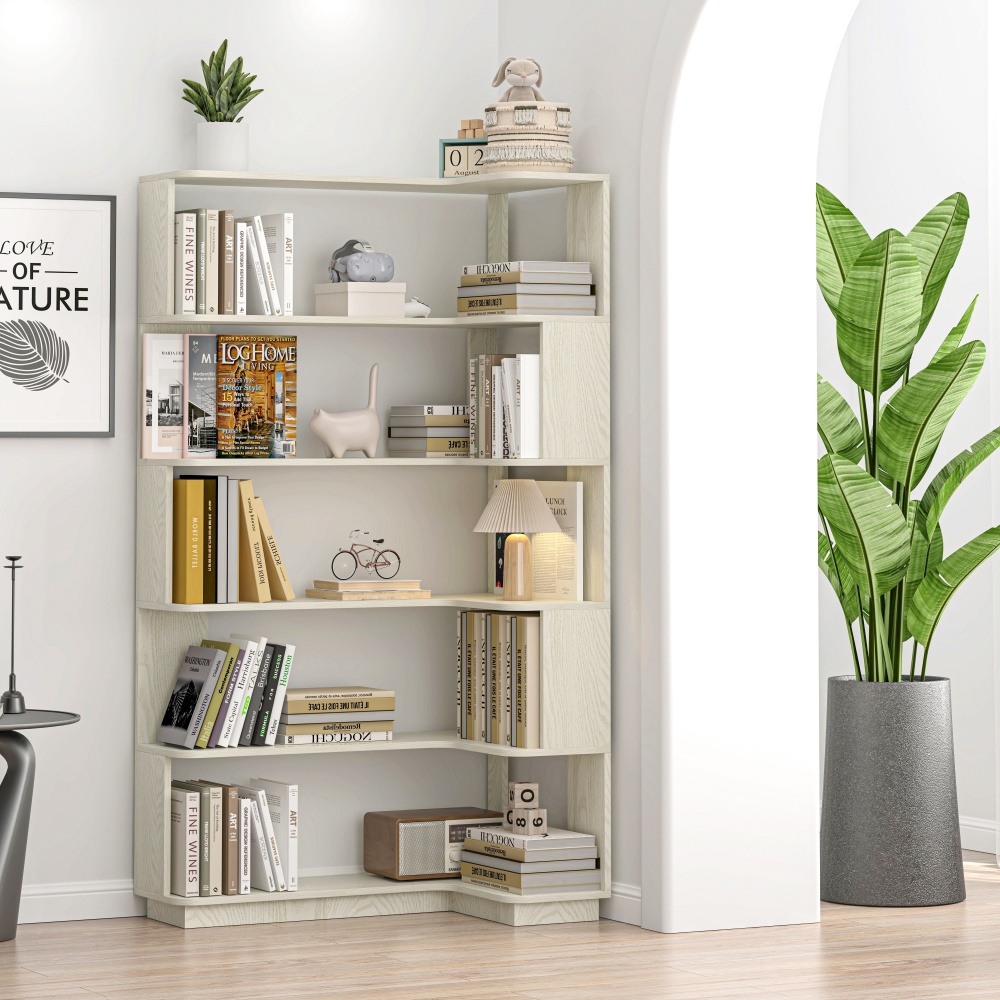 90cm (35.43") extended size Freestanding Corner Bookshelf For Living Room, Bedroom, home office, Wooden Bookcase with anti-drop panel and anti tipping device, Open storage Display cabinet 5 colors