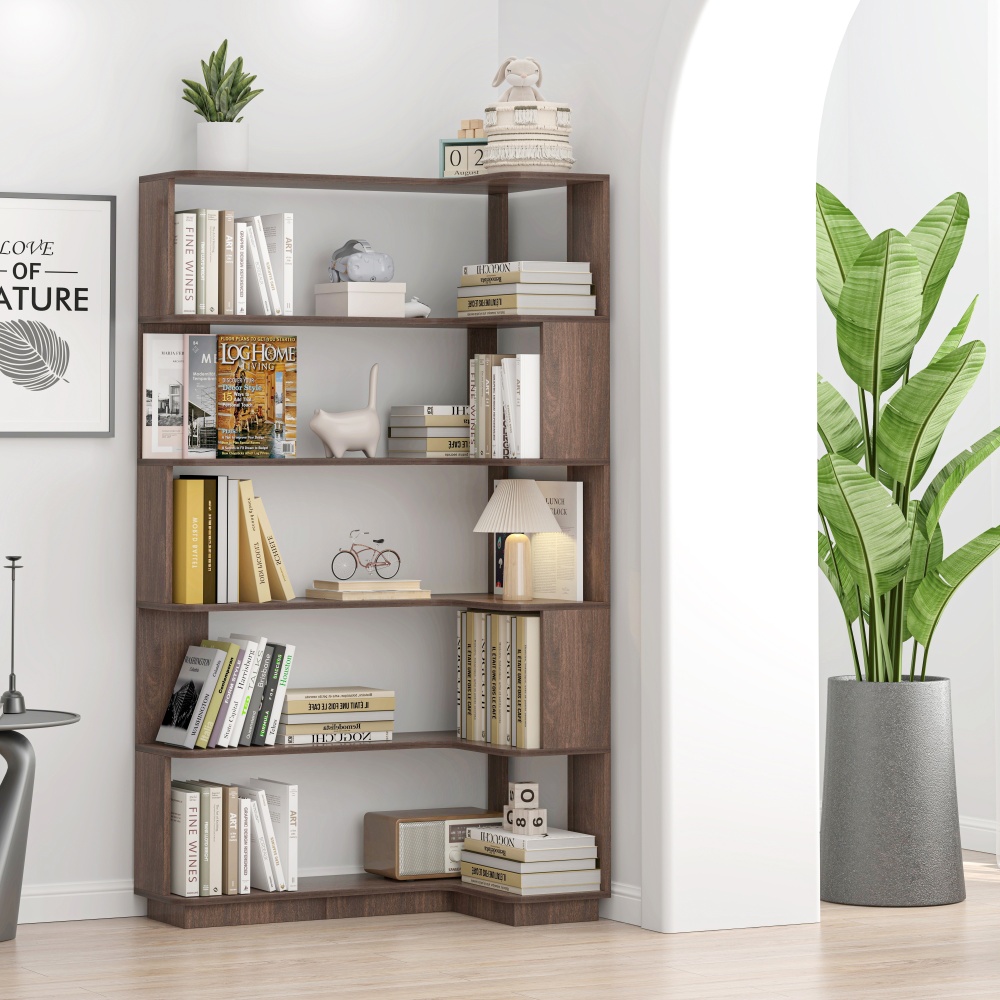 90cm (35.43") extended size Freestanding Corner Bookshelf For Living Room, Bedroom, home office, Wooden Bookcase with anti-drop panel and anti tipping device, Open storage Display cabinet 5 colors