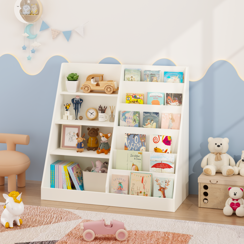 Kids Bookshelf and Toy Storage Organizer, Multifunctional 4 Tier Wooden Kids Book Shelf with Bookcase Display Stand in Kids Room Playroom Nursery for Kids, Children, Toddlers (White)