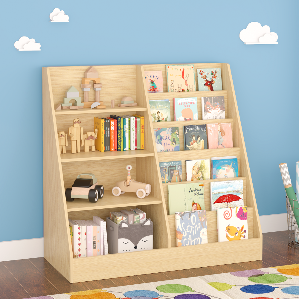 Kids Bookshelf and Toy Storage Organizer, Multifunctional 4 Tier Wooden Kids Book Shelf with Bookcase Display Stand in Kids Room Playroom Nursery for Kids, Children, Toddlers (White)