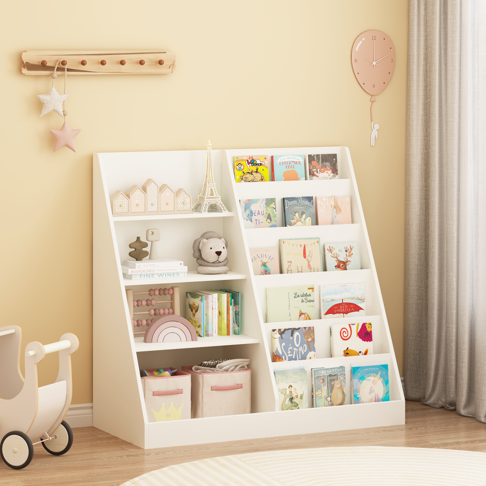 Kids Bookshelf and Toy Storage Organizer, Multifunctional 4 Tier Wooden Kids Book Shelf with Bookcase Display Stand in Kids Room Playroom Nursery for Kids, Children, Toddlers (White)