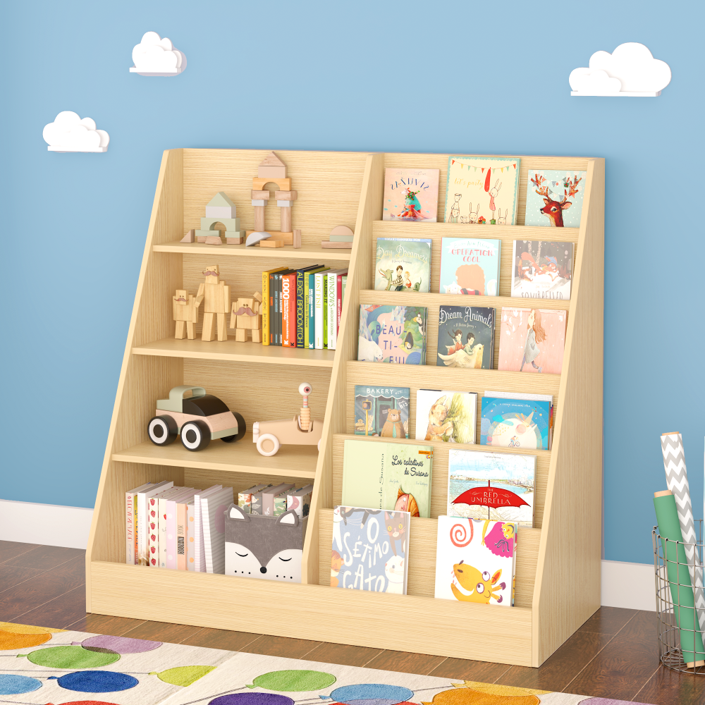 Kids Bookshelf and Toy Storage Organizer, Multifunctional 4 Tier Wooden Kids Book Shelf with Bookcase Display Stand in Kids Room Playroom Nursery for Kids, Children, Toddlers (White)