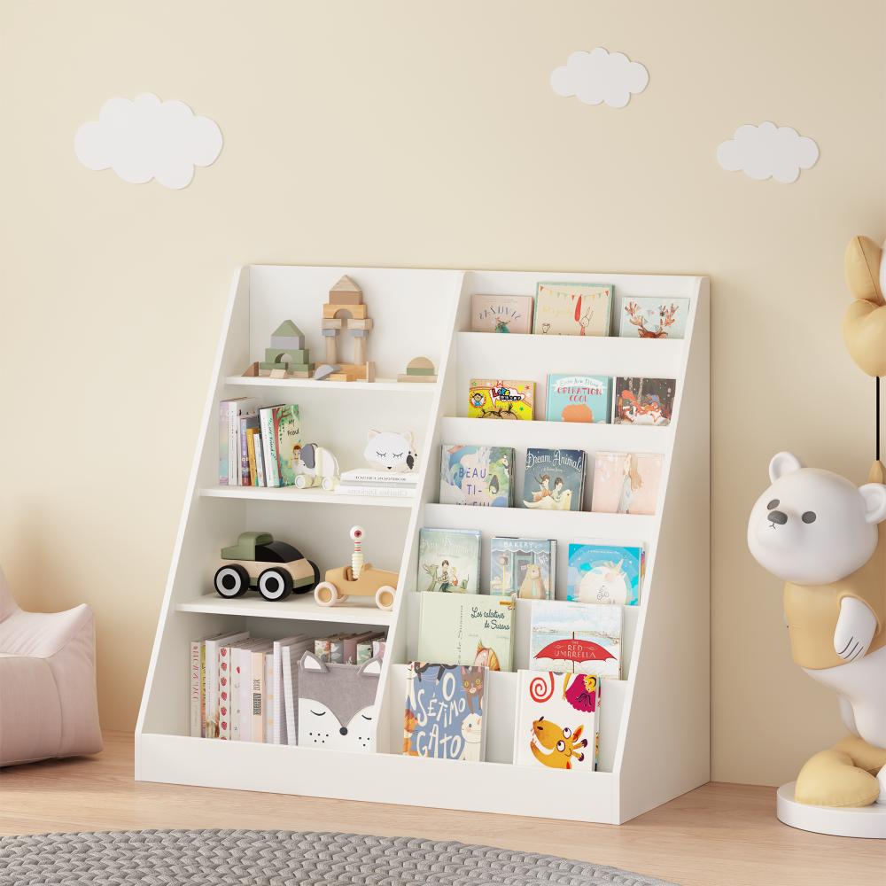 Kids Bookshelf and Toy Storage Organizer, Multifunctional 4 Tier Wooden Kids Book Shelf with Bookcase Display Stand in Kids Room Playroom Nursery for Kids, Children, Toddlers (White)