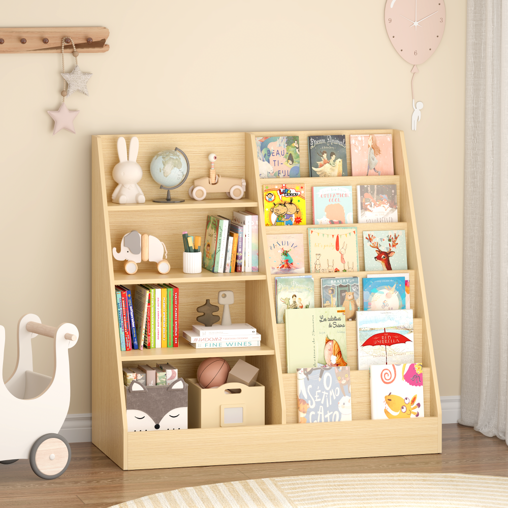 Kids Bookshelf and Toy Storage Organizer, Multifunctional 4 Tier Wooden Kids Book Shelf with Bookcase Display Stand in Kids Room Playroom Nursery for Kids, Children, Toddlers (White)