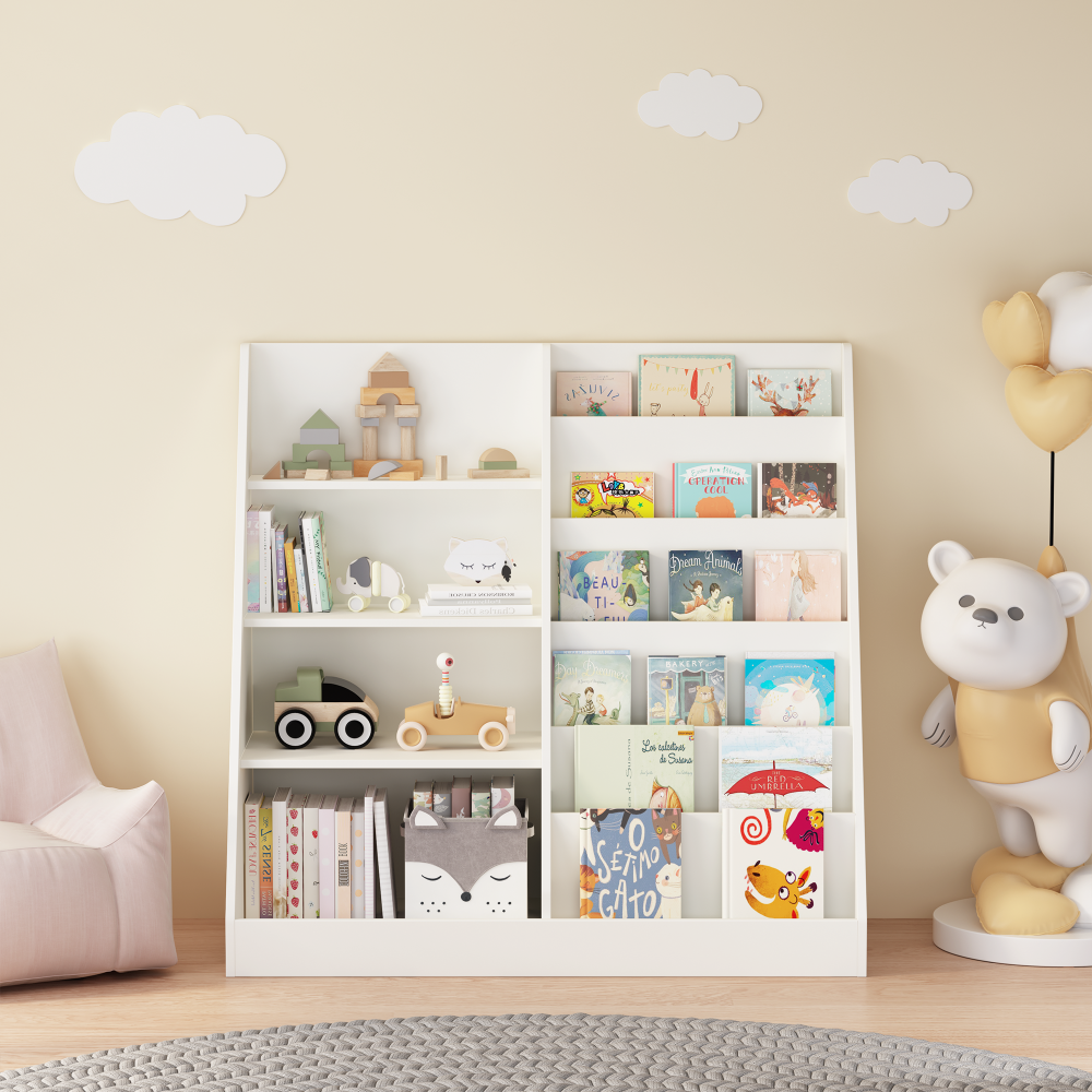Kids Bookshelf and Toy Storage Organizer, Multifunctional 4 Tier Wooden Kids Book Shelf with Bookcase Display Stand in Kids Room Playroom Nursery for Kids, Children, Toddlers (White)