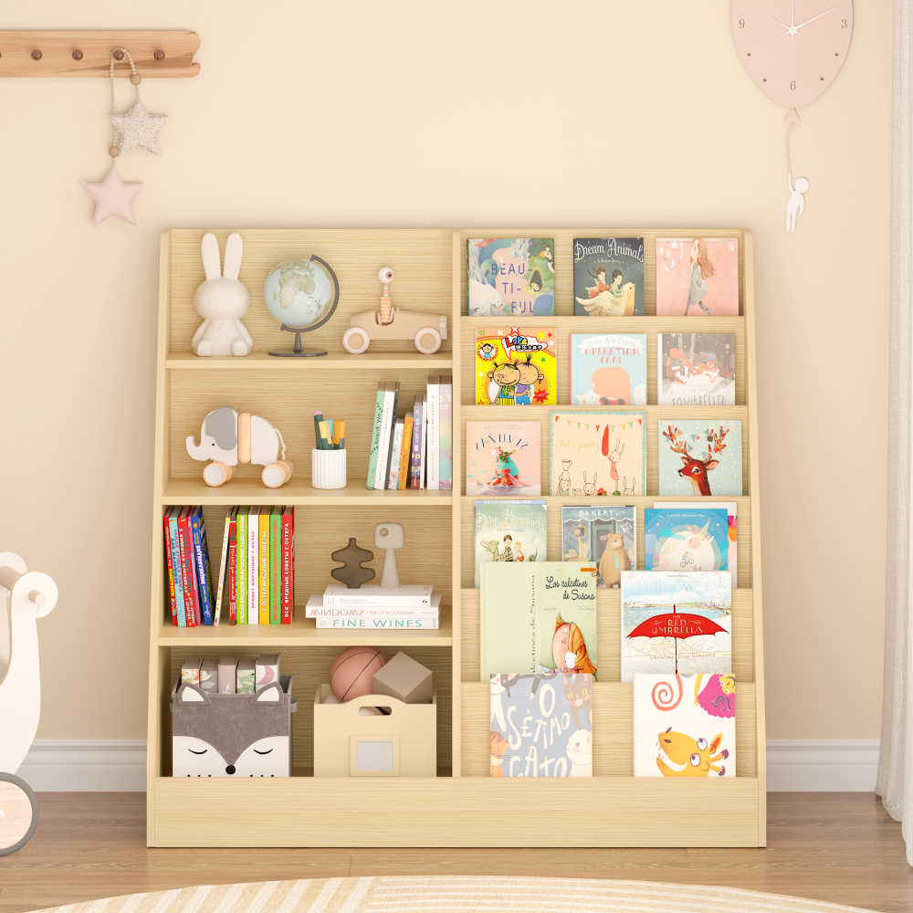 Kids Bookshelf and Toy Storage Organizer, Multifunctional 4 Tier Wooden Kids Book Shelf with Bookcase Display Stand in Kids Room Playroom Nursery for Kids, Children, Toddlers (White)
