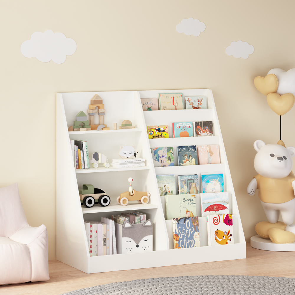 Kids Bookshelf and Toy Storage Organizer, Multifunctional 4 Tier Wooden Kids Book Shelf with Bookcase Display Stand in Kids Room Playroom Nursery for Kids, Children, Toddlers (White)