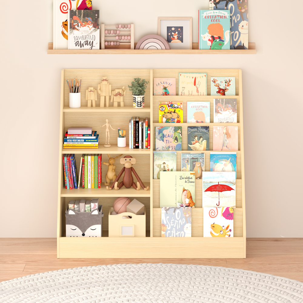 Kids Bookshelf and Toy Storage Organizer, Multifunctional 4 Tier Wooden Kids Book Shelf with Bookcase Display Stand in Kids Room Playroom Nursery for Kids, Children, Toddlers (White)