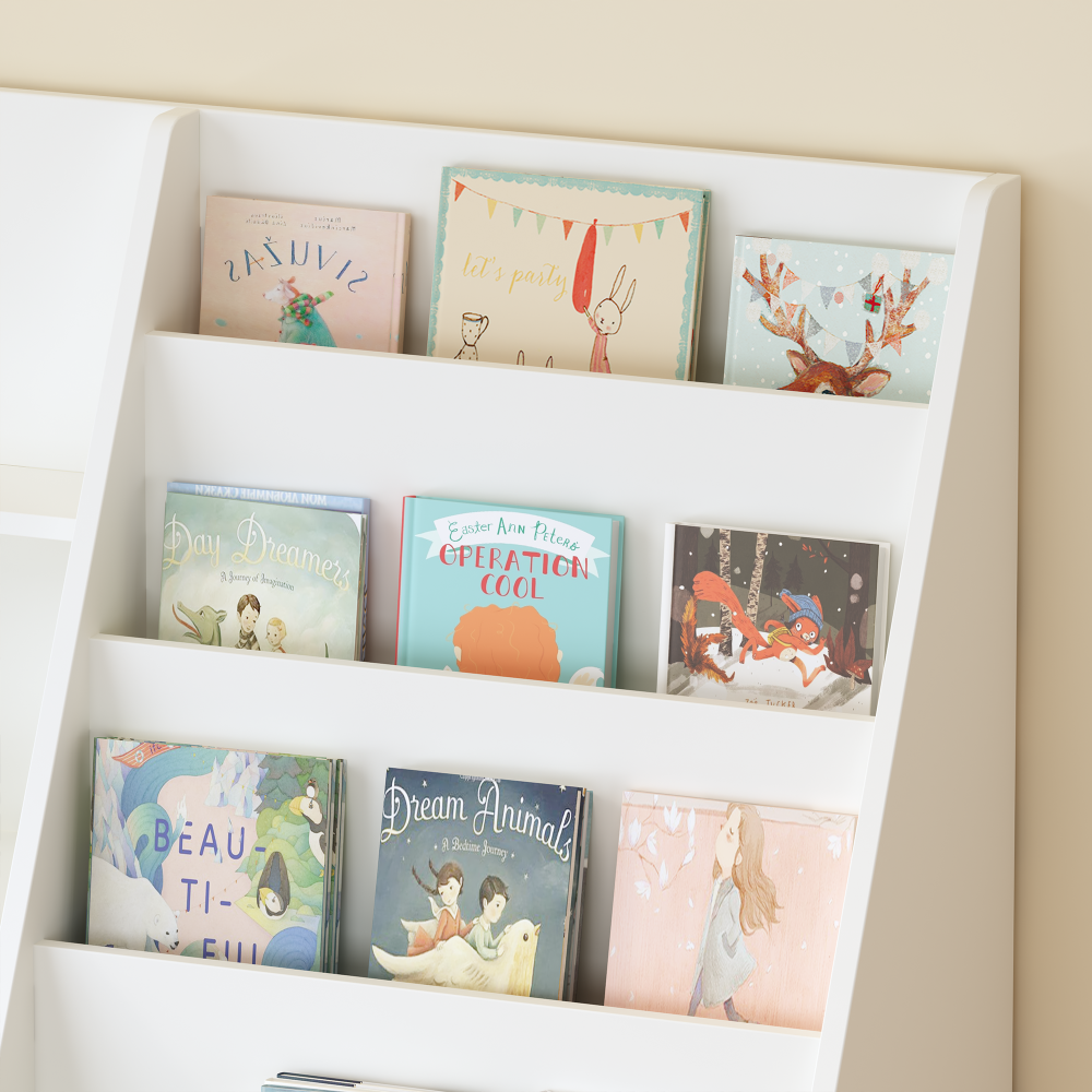 Kids Bookshelf and Toy Storage Organizer, Multifunctional 4 Tier Wooden Kids Book Shelf with Bookcase Display Stand in Kids Room Playroom Nursery for Kids, Children, Toddlers (White)