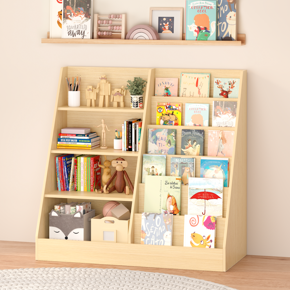 Kids Bookshelf and Toy Storage Organizer, Multifunctional 4 Tier Wooden Kids Book Shelf with Bookcase Display Stand in Kids Room Playroom Nursery for Kids, Children, Toddlers (White)