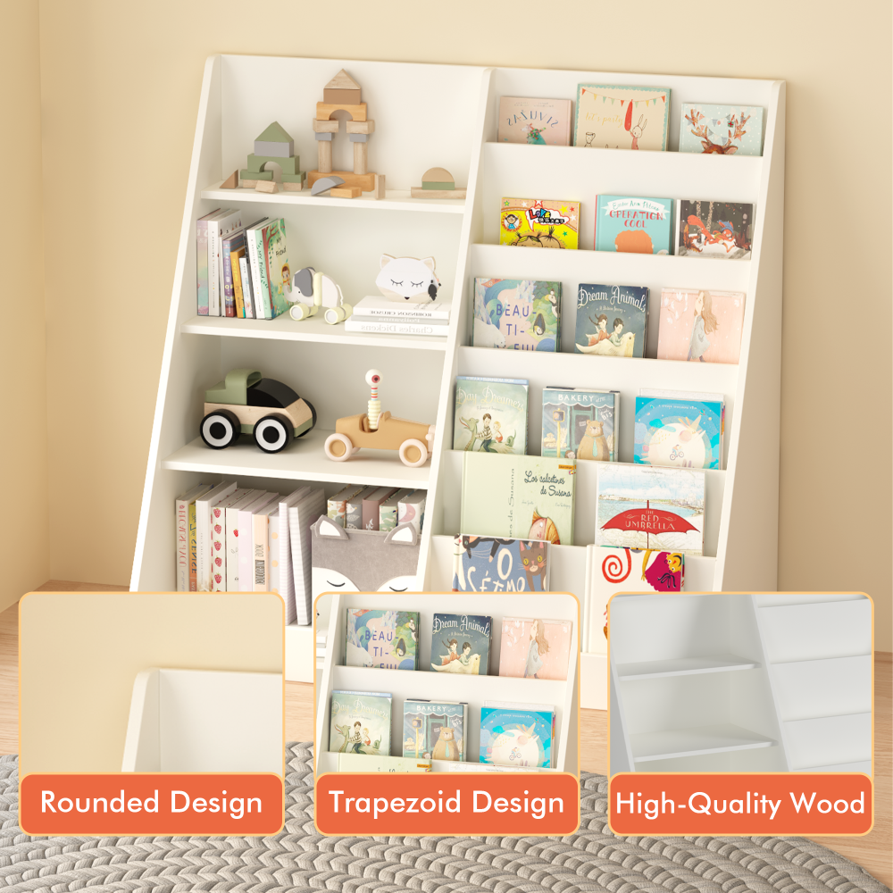 Kids Bookshelf and Toy Storage Organizer, Multifunctional 4 Tier Wooden Kids Book Shelf with Bookcase Display Stand in Kids Room Playroom Nursery for Kids, Children, Toddlers (White)