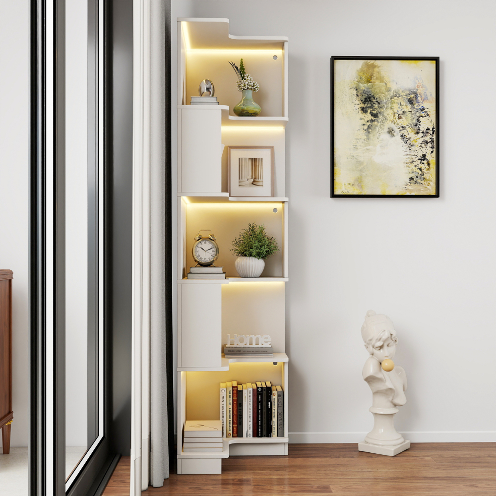 Corner Book Shelf - 5 Tier Corner Bookshelf Bookcase with Baffle, Freestanding L Shaped Display Shelf Stand with led lights for Home Office, Living Room, Bedroom, Kitchen