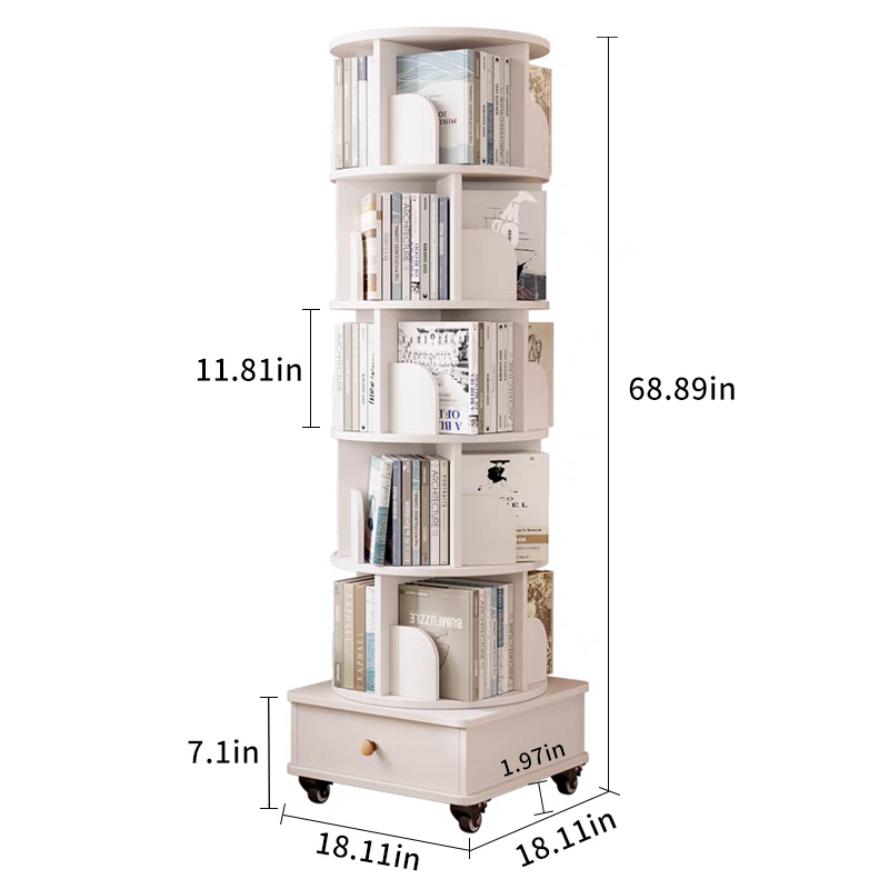 Rotating Bookshelf with Drawer, 360 Display 5 Tier Corner Bookshelf for Small Space, Floor Standing Bookcase Storage Rack, Wood Narrow Organizer for Bedroom, Living Room (WALNUT)