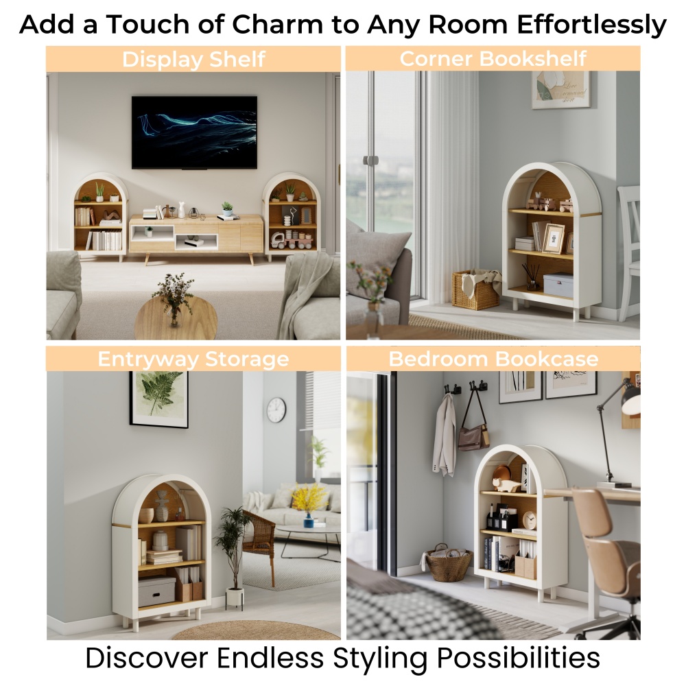Arched Small Bookcase,Arched Storage Cabinet,Wooden Modern Arched Top Bookshelf with 3 Shelves,White with Woodgrain Shelves, 3-Tier Storage Shelf for Living Room, Bedroom, Entryway