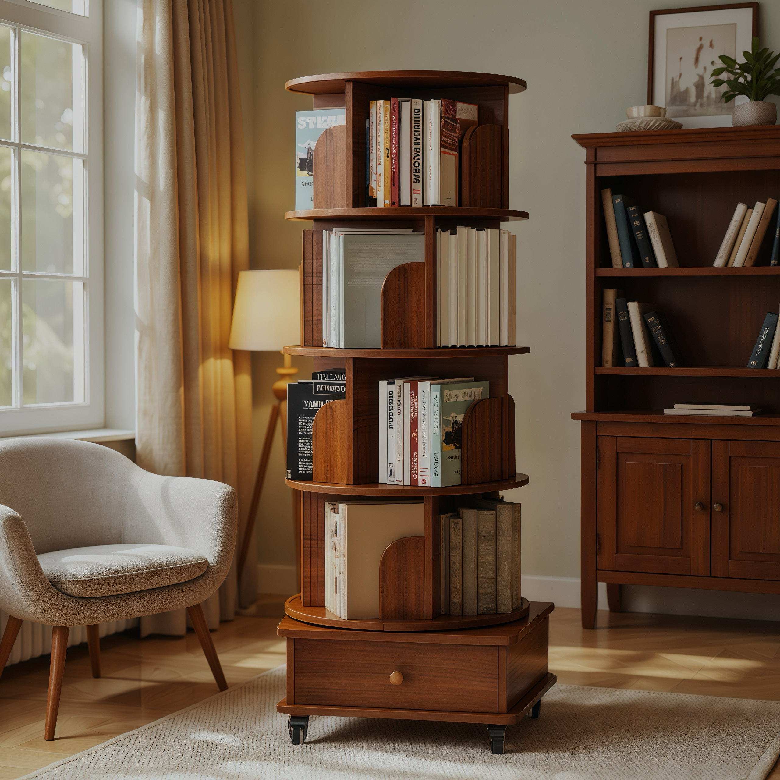 Rotating Bookshelf with Drawer, 360 Display 5 Tier Corner Bookshelf for Small Space, Floor Standing Bookcase Storage Rack, Wood Narrow Organizer for Bedroom, Living Room (WALNUT)