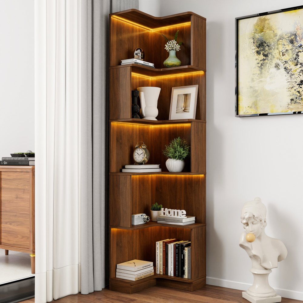 Corner Book Shelf - 5 Tier Corner Bookshelf Bookcase with Baffle, Freestanding L Shaped Display Shelf Stand with led lights for Home Office, Living Room, Bedroom, Kitchen