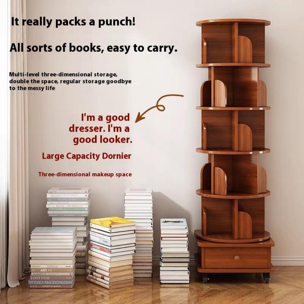 Rotating Bookshelf with Drawer, 360 Display 5 Tier Corner Bookshelf for Small Space, Floor Standing Bookcase Storage Rack, Wood Narrow Organizer for Bedroom, Living Room (WALNUT)