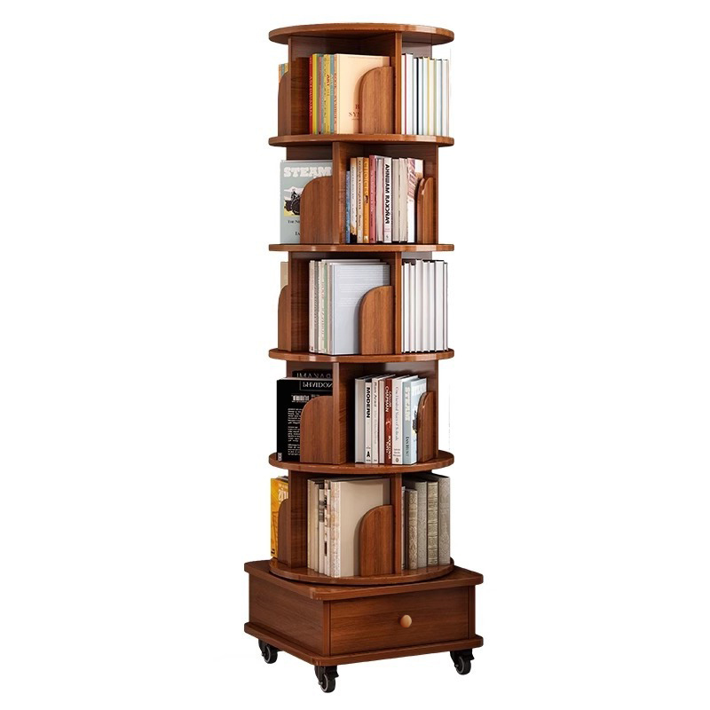 Rotating Bookshelf with Drawer, 360 Display 5 Tier Corner Bookshelf for Small Space, Floor Standing Bookcase Storage Rack, Wood Narrow Organizer for Bedroom, Living Room (WALNUT)