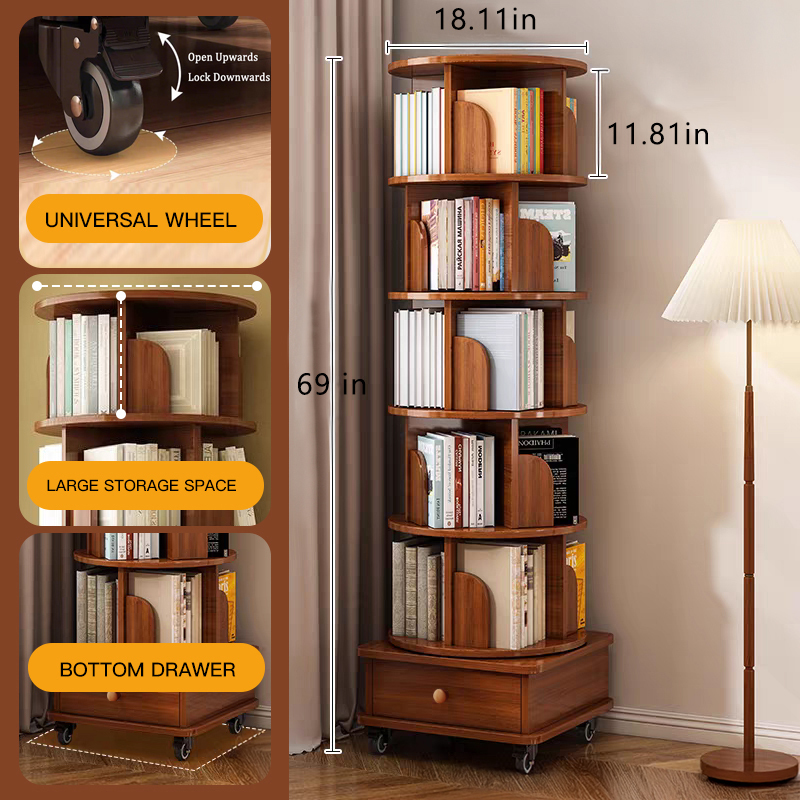 Rotating Bookshelf with Drawer, 360 Display 5 Tier Corner Bookshelf for Small Space, Floor Standing Bookcase Storage Rack, Wood Narrow Organizer for Bedroom, Living Room (WALNUT)