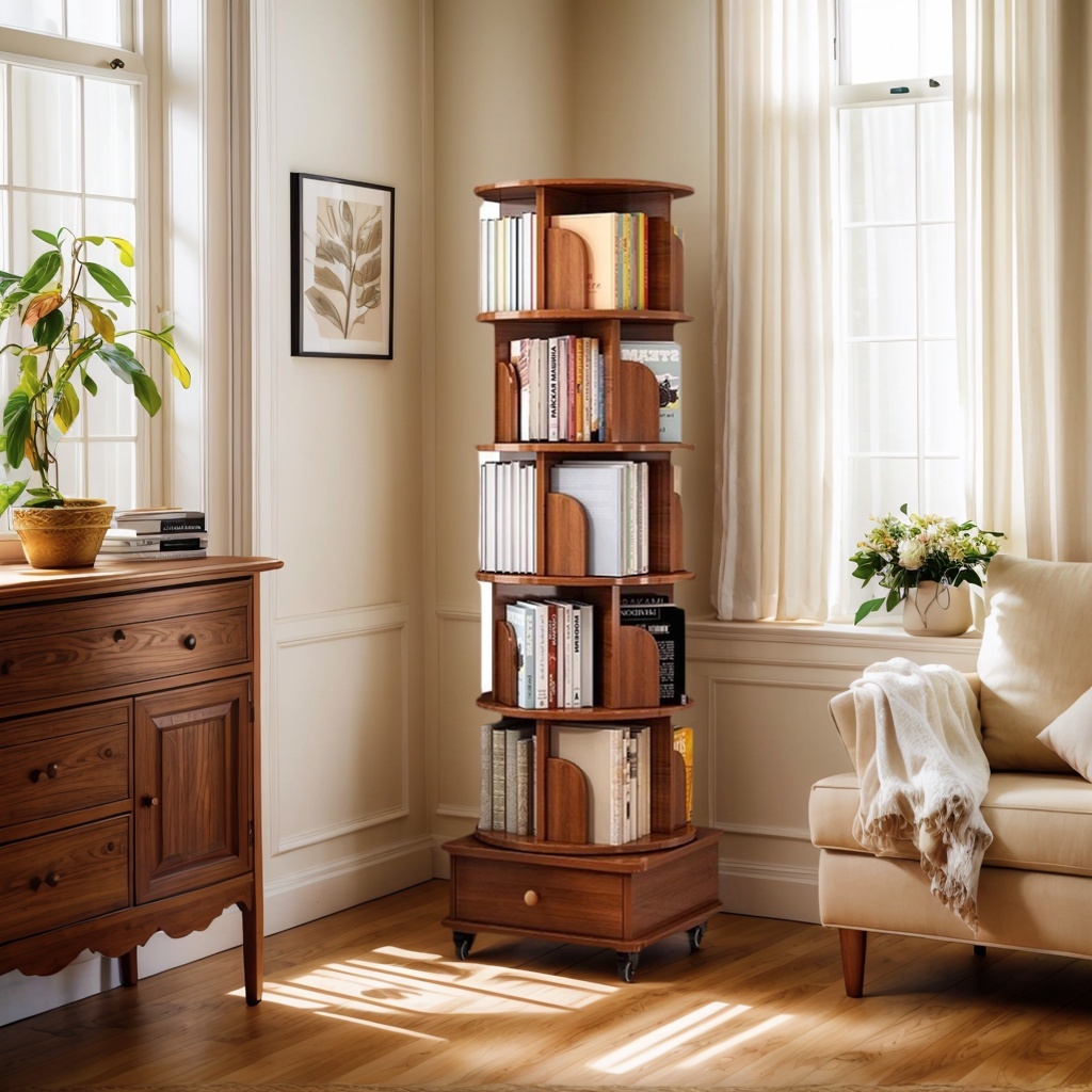 Rotating Bookshelf with Drawer, 360 Display 5 Tier Corner Bookshelf for Small Space, Floor Standing Bookcase Storage Rack, Wood Narrow Organizer for Bedroom, Living Room (WALNUT)