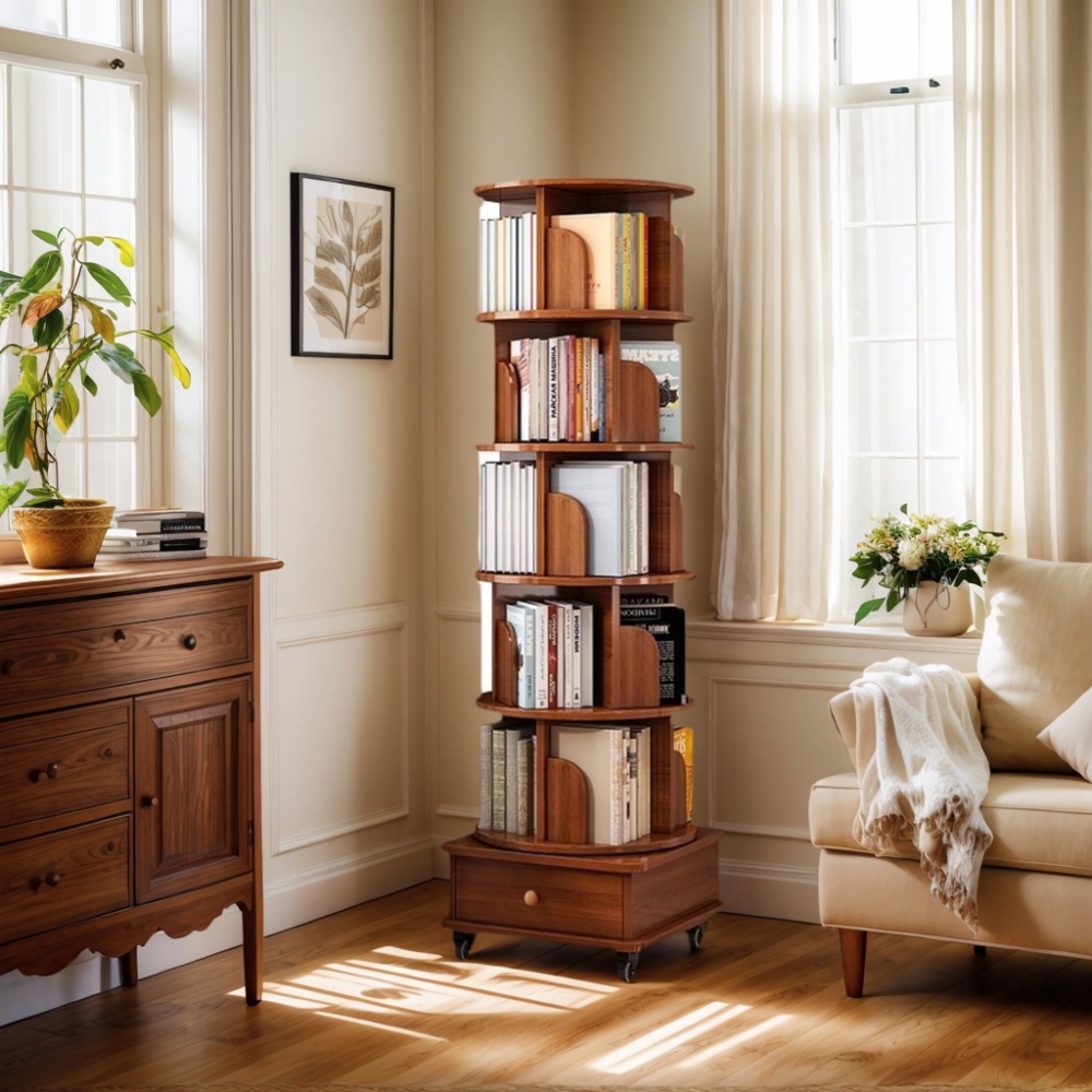Rotating Bookshelf with Drawer, 360 Display 5 Tier Corner Bookshelf for Small Space, Floor Standing Bookcase Storage Rack, Wood Narrow Organizer for Bedroom, Living Room (WALNUT)