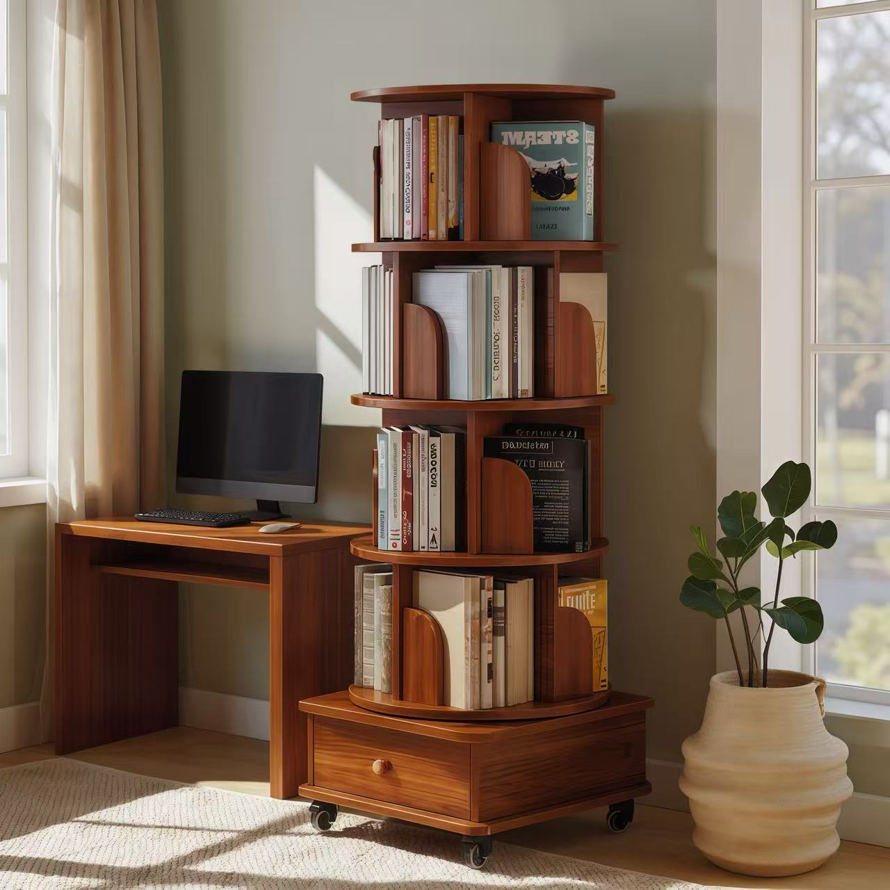 Rotating Bookshelf with Drawer, 360 Display 5 Tier Corner Bookshelf for Small Space, Floor Standing Bookcase Storage Rack, Wood Narrow Organizer for Bedroom, Living Room (WALNUT)
