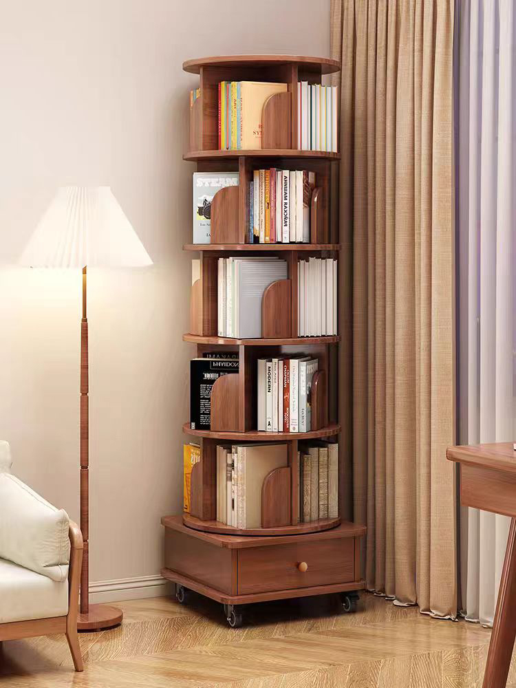 Rotating Bookshelf with Drawer, 360 Display 5 Tier Corner Bookshelf for Small Space, Floor Standing Bookcase Storage Rack, Wood Narrow Organizer for Bedroom, Living Room (WALNUT)