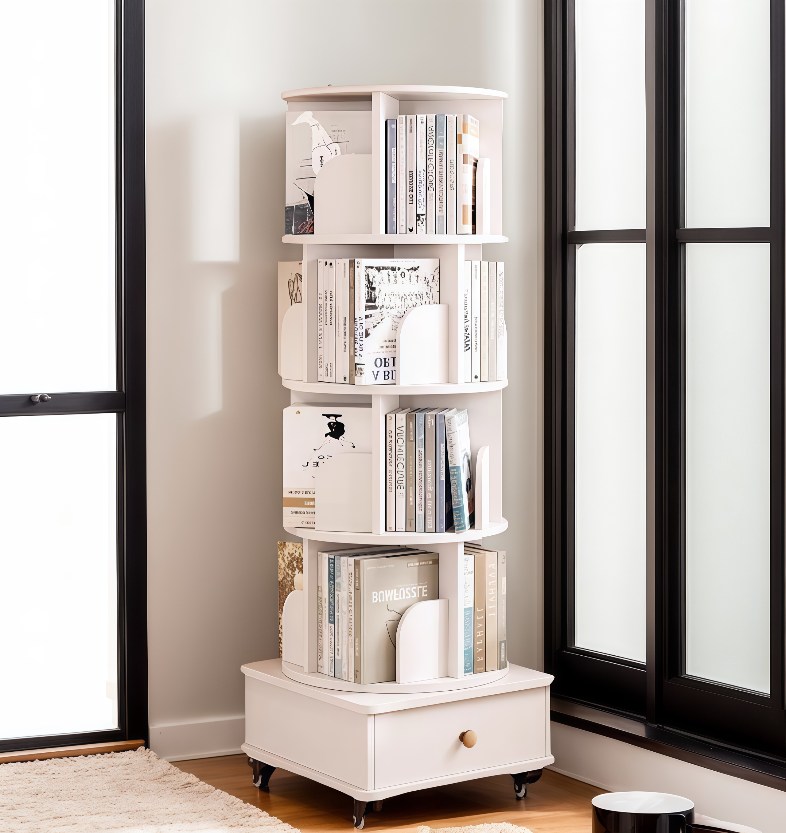 Rotating Bookshelf with Drawer, 360 Display 5 Tier Corner Bookshelf for Small Space, Floor Standing Bookcase Storage Rack, Wood Narrow Organizer for Bedroom, Living Room (WALNUT)