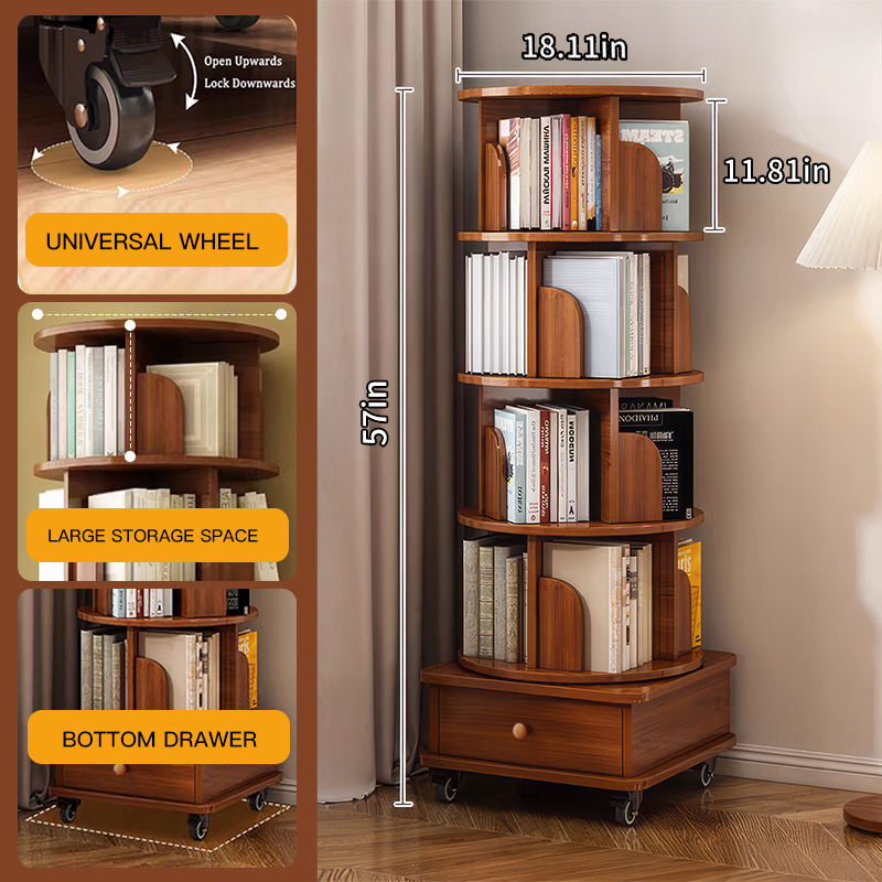 Rotating Bookshelf with Drawer, 360 Display 5 Tier Corner Bookshelf for Small Space, Floor Standing Bookcase Storage Rack, Wood Narrow Organizer for Bedroom, Living Room (WALNUT)
