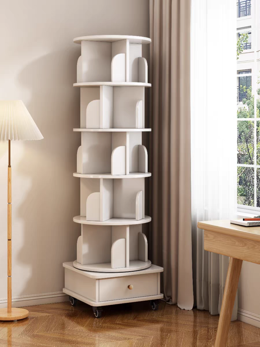 Rotating Bookshelf with Drawer, 360 Display 5 Tier Corner Bookshelf for Small Space, Floor Standing Bookcase Storage Rack, Wood Narrow Organizer for Bedroom, Living Room (WALNUT)