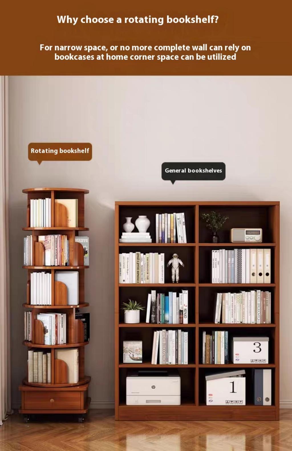 Rotating Bookshelf with Drawer, 360 Display 5 Tier Corner Bookshelf for Small Space, Floor Standing Bookcase Storage Rack, Wood Narrow Organizer for Bedroom, Living Room (WALNUT)