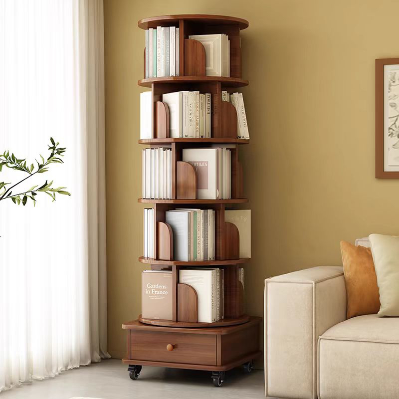 Rotating Bookshelf with Drawer, 360 Display 5 Tier Corner Bookshelf for Small Space, Floor Standing Bookcase Storage Rack, Wood Narrow Organizer for Bedroom, Living Room (WALNUT)