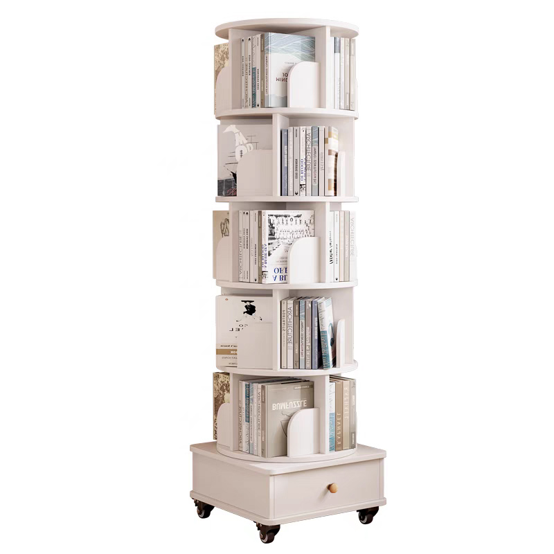 Rotating Bookshelf with Drawer, 360 Display 5 Tier Corner Bookshelf for Small Space, Floor Standing Bookcase Storage Rack, Wood Narrow Organizer for Bedroom, Living Room (WALNUT)