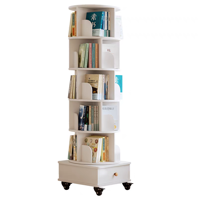 Rotating Bookshelf with Drawer, 360 Display 5 Tier Corner Bookshelf for Small Space, Floor Standing Bookcase Storage Rack, Wood Narrow Organizer for Bedroom, Living Room (WALNUT)