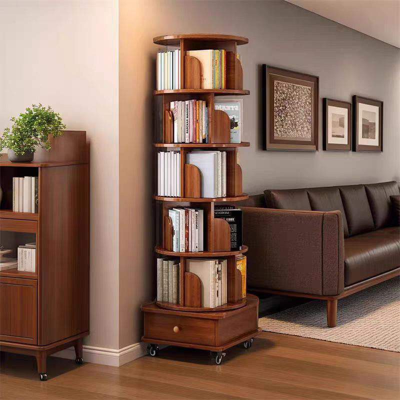 Rotating Bookshelf with Drawer, 360 Display 5 Tier Corner Bookshelf for Small Space, Floor Standing Bookcase Storage Rack, Wood Narrow Organizer for Bedroom, Living Room (WALNUT)
