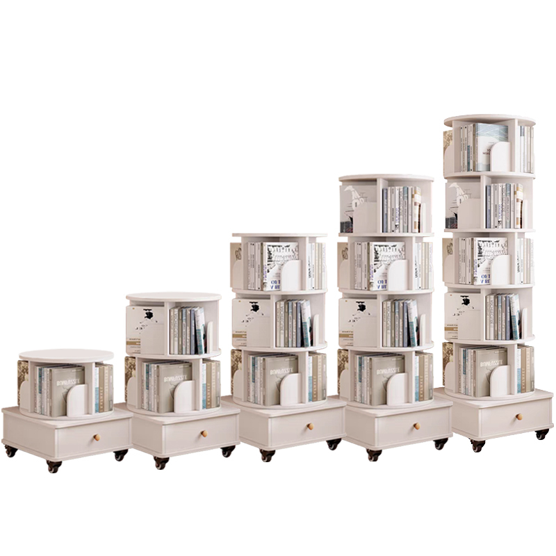 Rotating Bookshelf with Drawer, 360 Display 5 Tier Corner Bookshelf for Small Space, Floor Standing Bookcase Storage Rack, Wood Narrow Organizer for Bedroom, Living Room (WALNUT)
