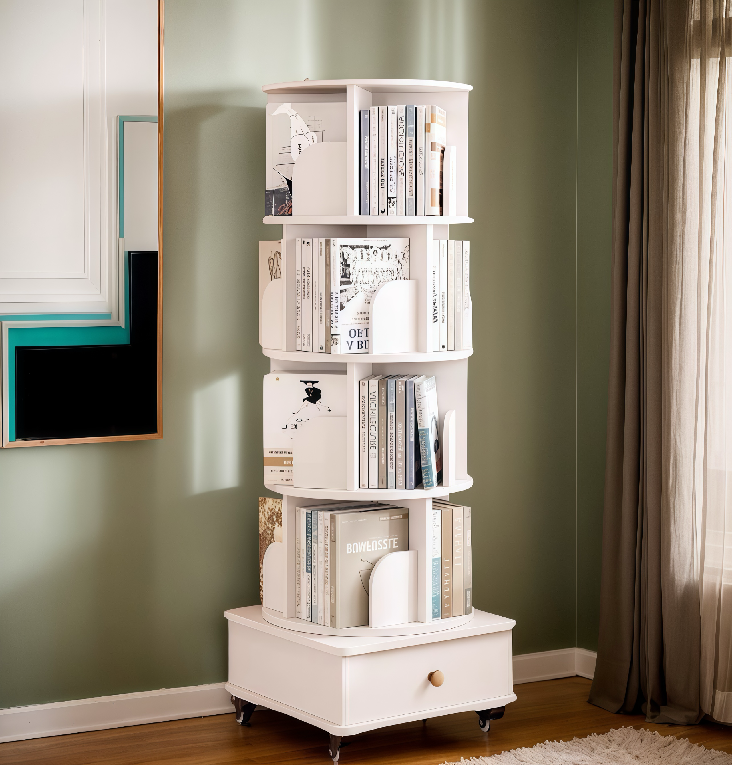 Rotating Bookshelf with Drawer, 360 Display 5 Tier Corner Bookshelf for Small Space, Floor Standing Bookcase Storage Rack, Wood Narrow Organizer for Bedroom, Living Room (WALNUT)