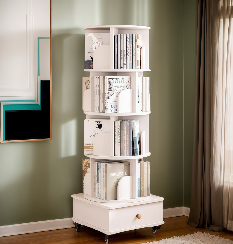 Rotating Bookshelf with Drawer, 360 Display 5 Tier Corner Bookshelf for Small Space, Floor Standing Bookcase Storage Rack, Wood Narrow Organizer for Bedroom, Living Room (WALNUT)