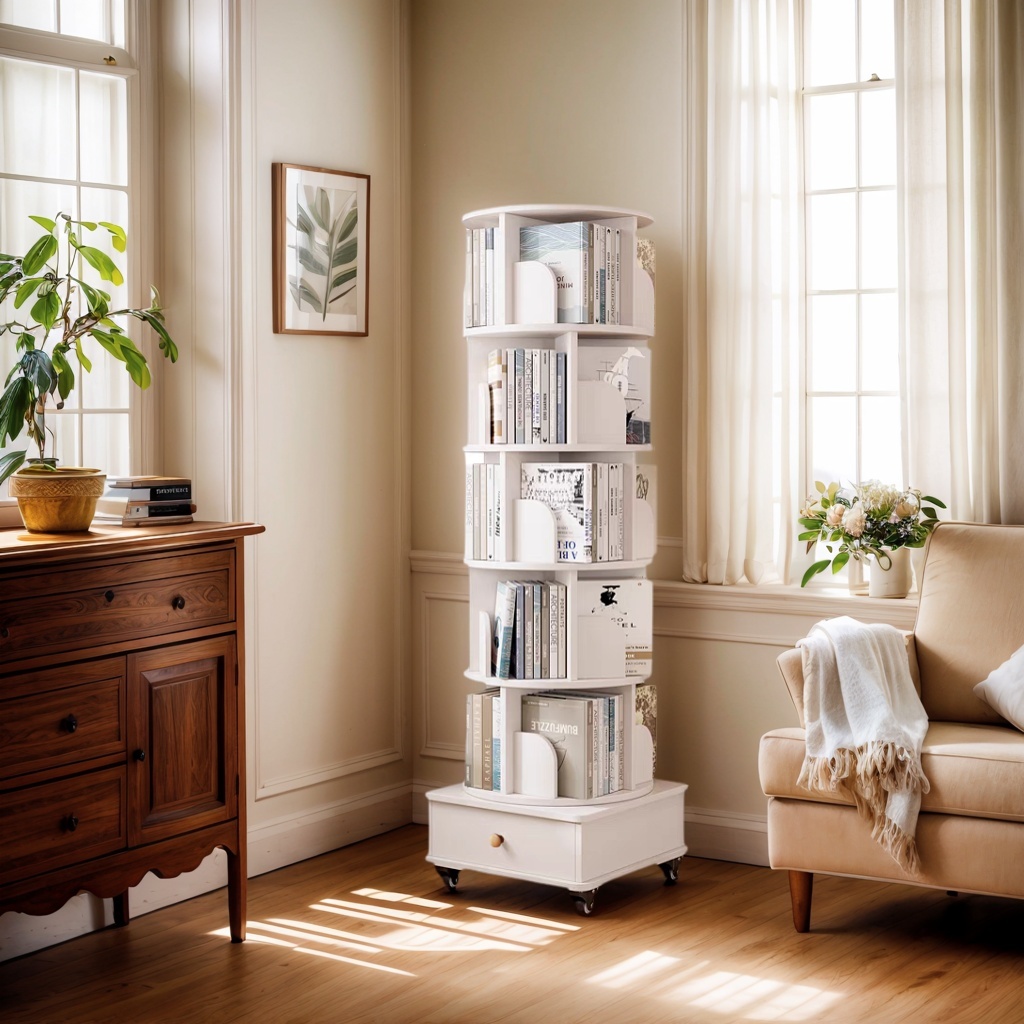 Rotating Bookshelf with Drawer, 360 Display 5 Tier Corner Bookshelf for Small Space, Floor Standing Bookcase Storage Rack, Wood Narrow Organizer for Bedroom, Living Room (WALNUT)