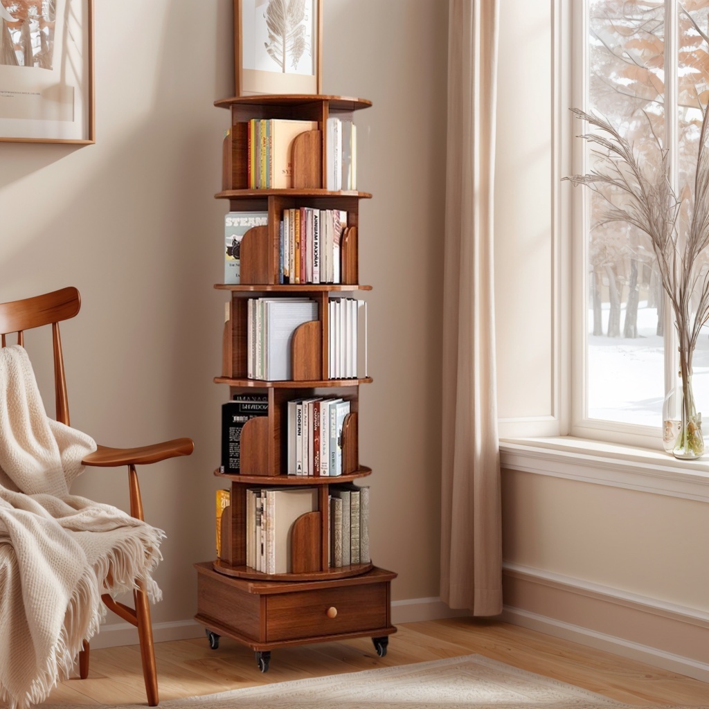 Rotating Bookshelf with Drawer, 360 Display 5 Tier Corner Bookshelf for Small Space, Floor Standing Bookcase Storage Rack, Wood Narrow Organizer for Bedroom, Living Room (WALNUT)